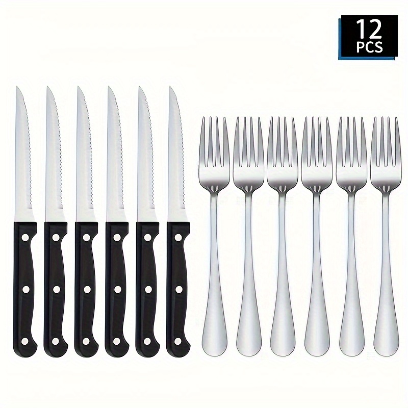 12pcs stainless steel knife and fork cutlery set   steak knife and fork dining table colorful pizza knife multi purpose serrated bread knife bbq camping steak knife and fork Product details 1