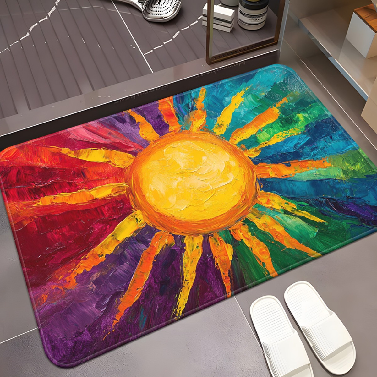 Image of A Doormat With A Bright Sun Pattern, Suitable For Outdoor Use, Non-slip, Absorbent Microfiber, Machine-washable Polyester Mat, Ideal For Bedroom And Living Room Entrances