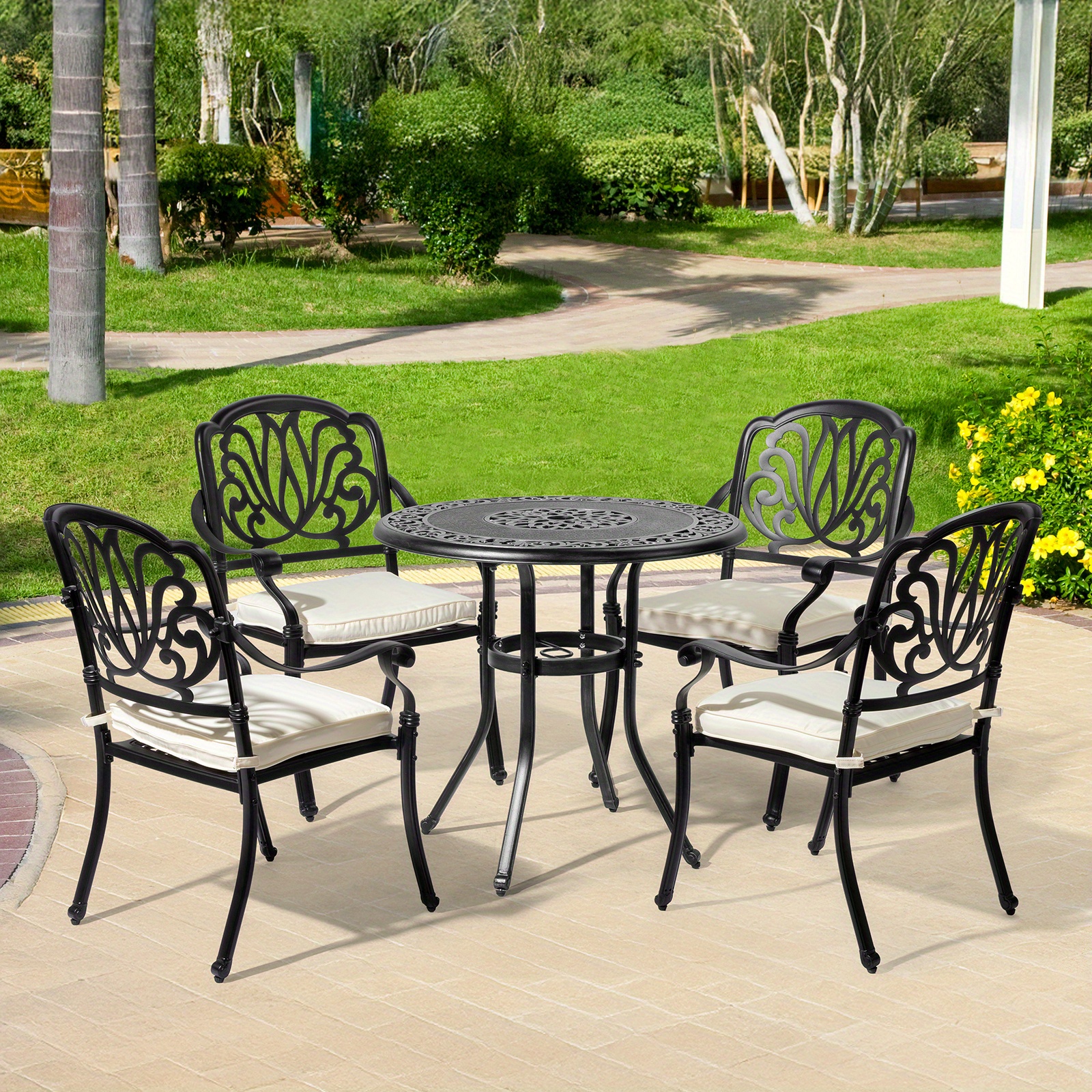 [2pcs Set] Antique Bronze Black Cast Aluminum Rustproof Outdoor Lounge Chair Classical Patio Park Single Chair Set Lightweight and Durable Iron Furniture Set
