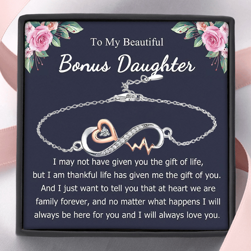 TEMU To My Beautiful Bonus Daughter Infinity Heartbeat Bracelet | Copper With Synthetic Zirconia, Plated K, Includes Card And Box, Ideal For Birthday