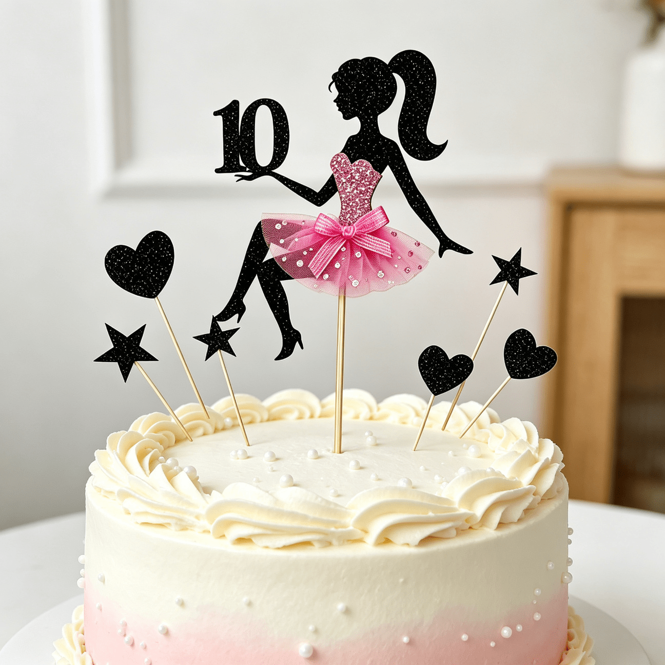 TEMU Ensemble de 7 décorations de gâteau pour 10e anniversaire "Fille Noir Pailleté" avec robe, cœur et , décoration de fête pour filles, Halloween,