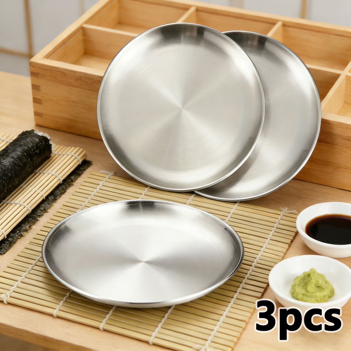 TEMU 3pcs Stainless Steel Plates, Stackable Versatile Round Dishes For Steak, Salads, Desserts, Western Cuisine, Fruits, Suitable For Home, Kitchen,