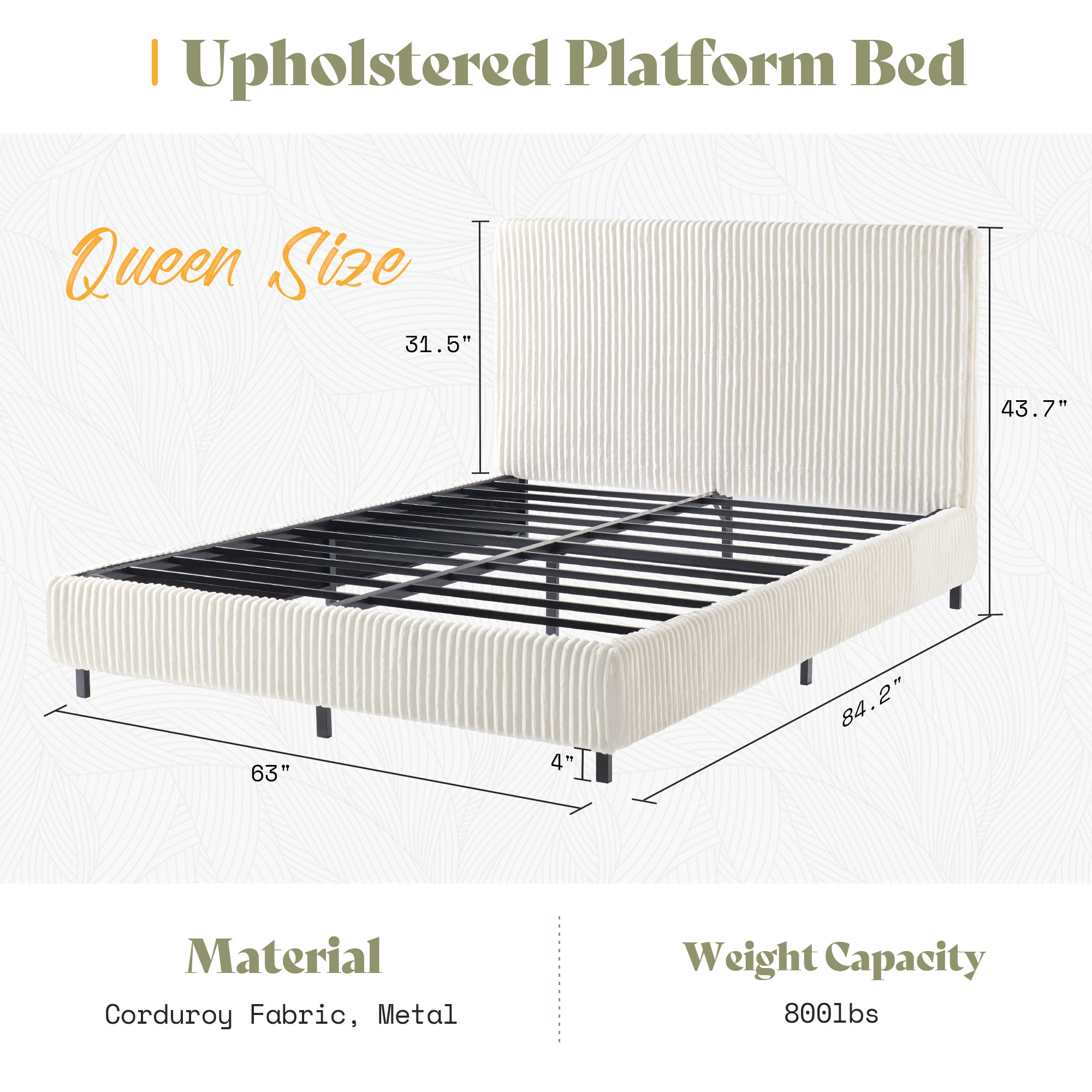 TEMU Platform Bed Frame With Upholstered Corduroy Headboard, Fully Padded 3.5" Thick -, Heavy Duty Metal Slats, Spring Required