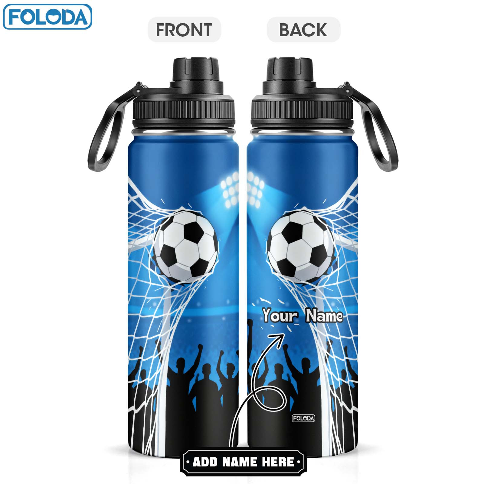 Foloda 1pc Personalized With Name Soccer Pattern Water Bottle Christmas Birthday Valentine's Day Stainless Steel Insulated Water Bottle 22oz With Lid Coffee Travel Mug Best Gifts For Men Boyfriend And