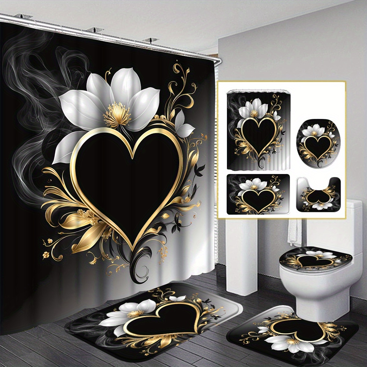 TEMU 4pcs Shower Curtain Set, Including Shower Curtain, Non - Slip Floor Mats, Toilet Seat Cover, And U Shaped Pad, Perfect Bathroom Accessories For Elegant Decor