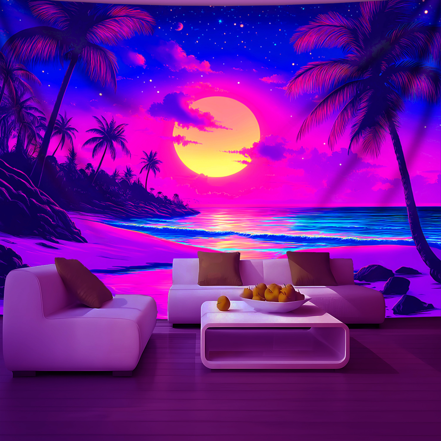 TEMU 1 pièce Tenture murale style vacances, , plage, palmiers - Bannière de fête qui brille UV, Tenture de grande taille en avec impression