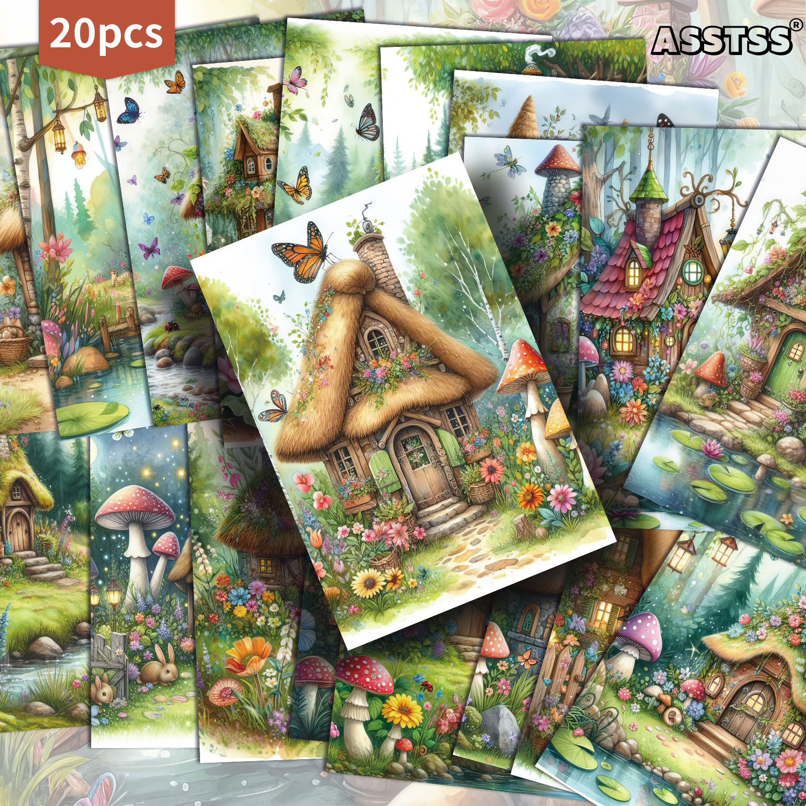 TEMU 20-pack Asstss Retro Whimsical Fairy Cottage Mushroom House Cards - Forest Collectible Paper Cards With Vintage Junk Journal Pages Suitable For
