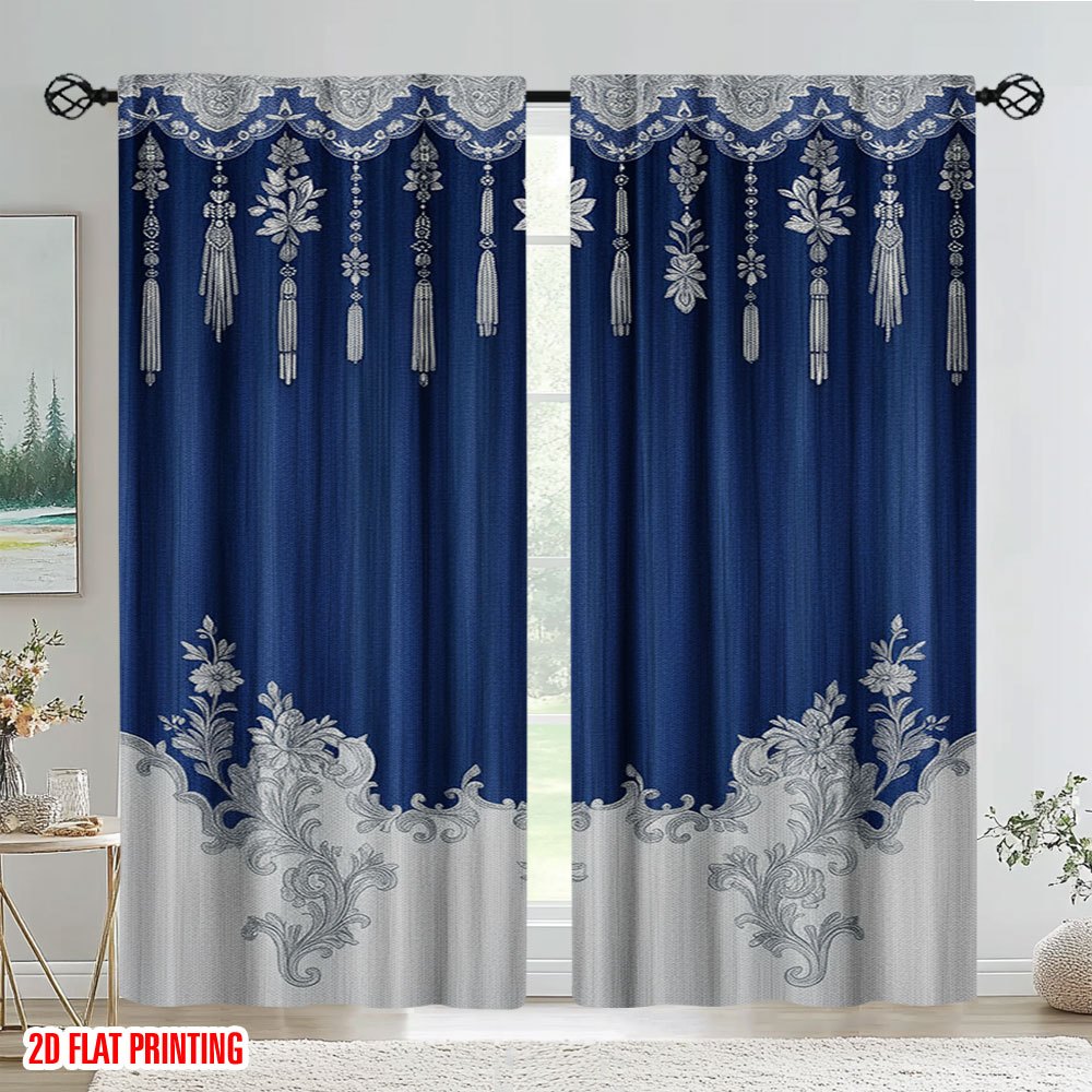 TEMU 2d Flat, 2d Flat- 2d Flat- A Set Of 2 Floral Tassel Semi-transparent Curtains, Blue Printed Design, Suitable For Rod Pocket Hanging, Ideal For
