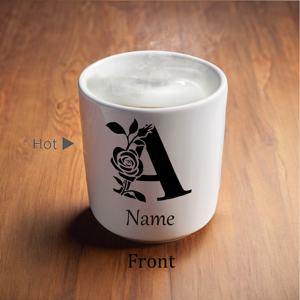 One Custom 11Oz Mug Featuring a Personalized Name And Floral Letter Design That Changes Color with Hot Water: an Ideal Present for Loved Ones - Heart-Shaped Ceramic Cup - Perfect for Halloween, Thanksgiving, And Christmas.