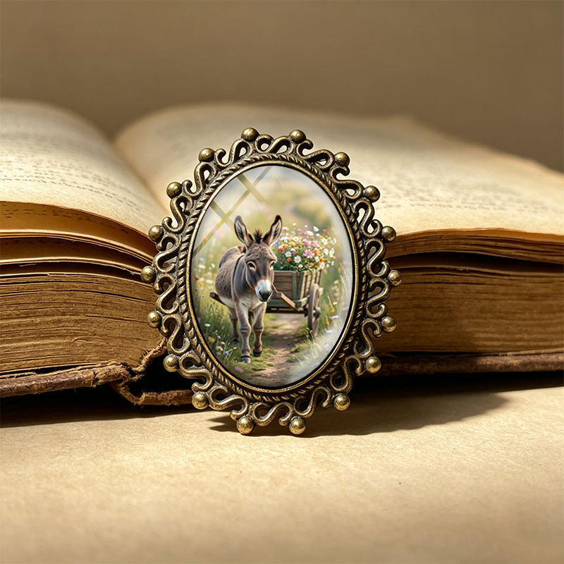 TEMU 1 stuk Ovale Broche met Glas Koepel van Ezel die Wilde Bloemenkar Trekt, Vintage Broches, Unisex Kleding- en Rugzakaccessoire