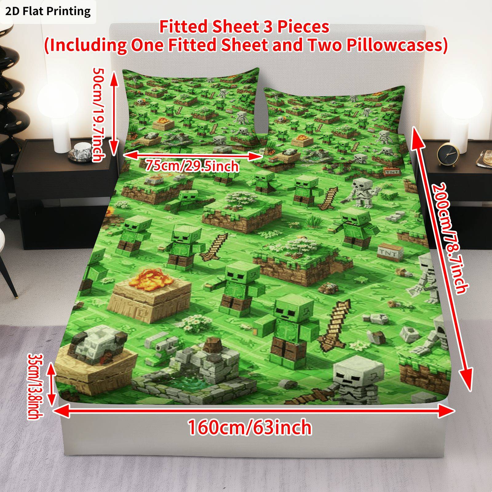 TEMU 3pcs Creeper Adventure Block Fitted Sheet 3pcs Set (1*fitted Sheet+2*pillowcases, ), Gaming Theme, Green Pixel Bedding, Mattress Protector Soft,