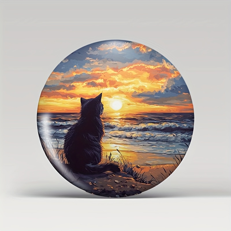 TEMU Black Cat Suitable For Cat And Fridge Magnet - Round Coastal Sunset With , Decorative Kitchen Accessory Suitable For Fridge, Holders For, Gift