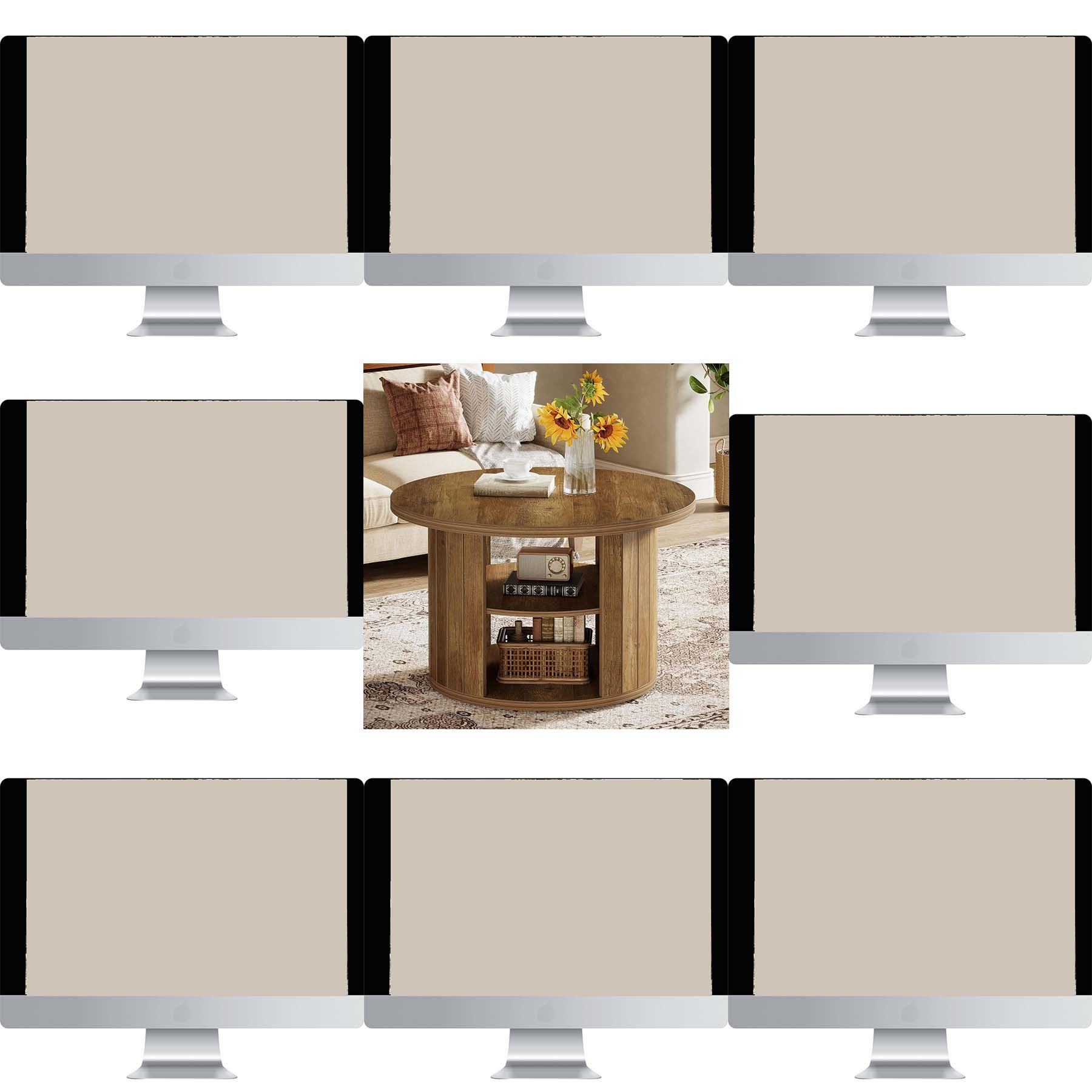 Round Coffee Table With Storage, " Center Table For Living Room, Rustic Brown