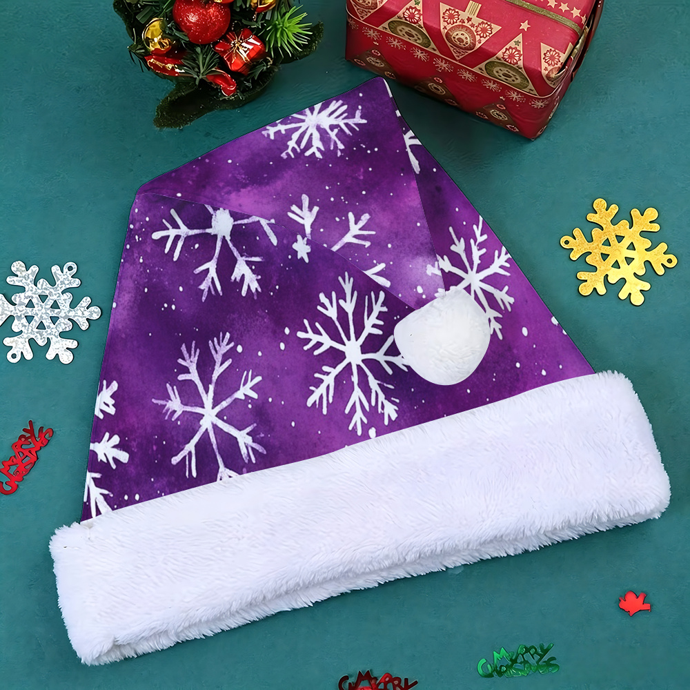 TEMU Purple Background Watercolor White Snowflake Pattern 2d Flat Printed Santa Hat Suitable For Christmas, Holidays, Parties, Etc., Gift For , Santa