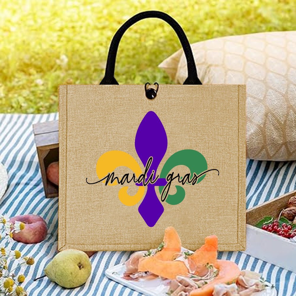 TEMU Retro Mardi Gras Jute Tote Bag - Large Capacity, Handbag With Mardi Gras Print For Shopping, Travel, Picnic, And Parties