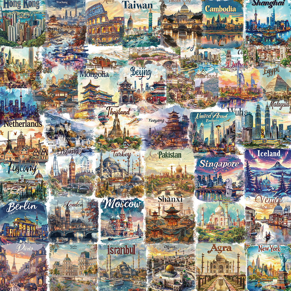 50pcs Cartoon City Building Stickers Waterproof PET Self Adhesive Decals
