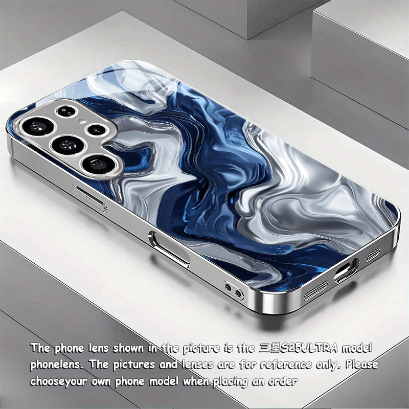TEMU A New Stylish Blue And White Patterned Electroplated Silver Phone Case For For Galaxy S25 Ultra, S25 Plus, S25, S24 Ultra, S24 Fe, S24, S23
