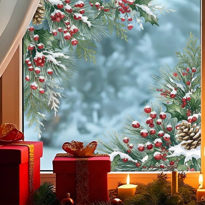 TEMU Pegatinas para ventanas 1pc 2D de Navidad, calcomanías para ventanas de Navidad con rama de pino, , y pino, pegatinas para ventanas con conos de