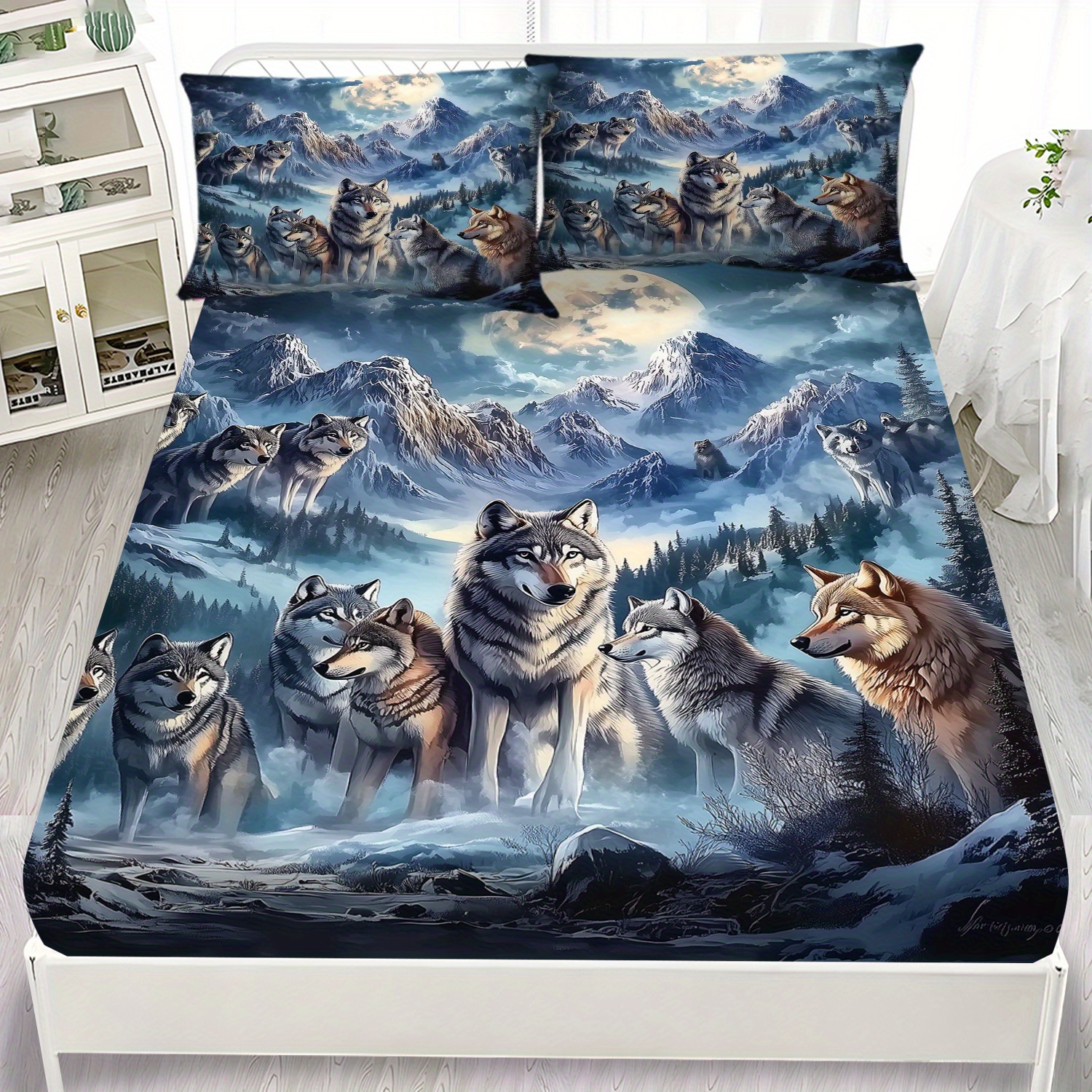 TEMU Latacaca 3pcs Group Of Wolves In A Pattern Fitted Sheet Set, 1 Fitted Sheet And 2 Pillowcases, Wrinkle Resistant, Digital Bedding Set, Soft Bed Sheet Set Trim For All