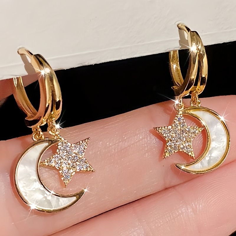 Image of Elegant Dainty Inlay Shiny Zirconia Enamel Moon Star Hoop Earrings For Women Party Vacation Daily Wear Gift Jewelry (, No Card)