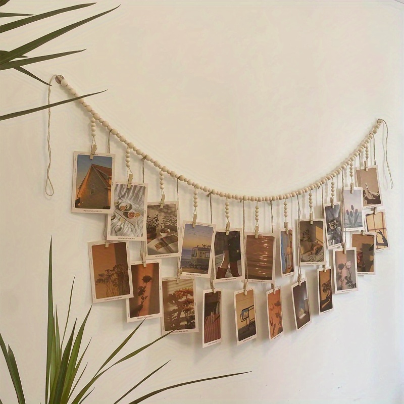 

22pcs Style Rustic Wooden Bead Photo Holder Clip Garland, Hanging Picture Display Rack For Home Decor