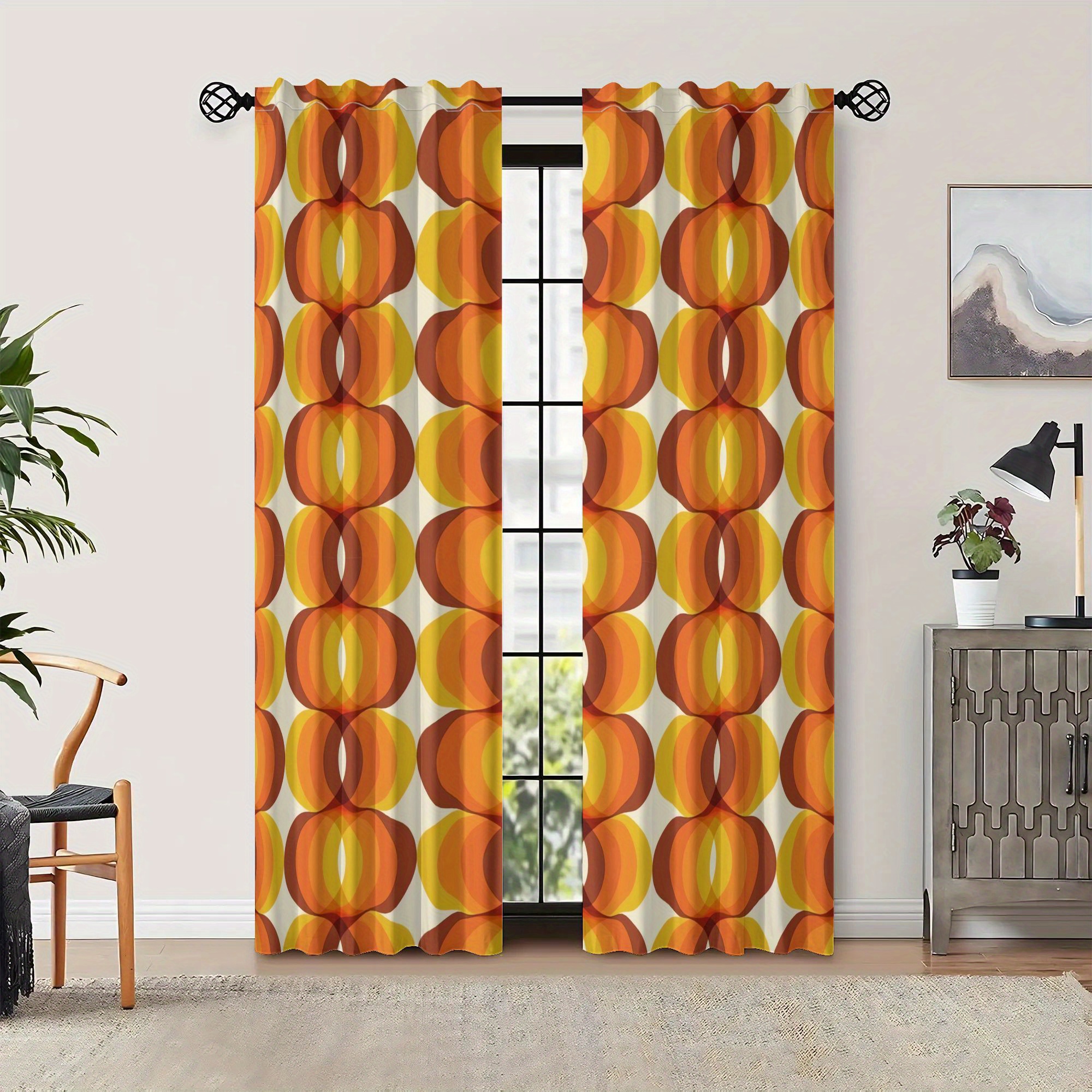TEMU 2d Flat, 2d Flat- 2pcs Retro 1960s Wavy Pattern Curtains| Orange, Brown& Ivory Vintage Design, Blackout For Living Room& Bedroom, Machine