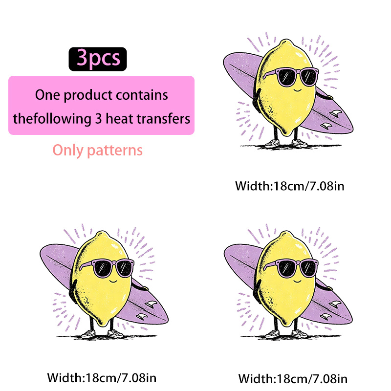 TEMU 3pcs, Iron-on Clothing Heat Transfer, Lemon Wearing Glasses Holding A To Surf, 2d Flat Sticker, Suitable For, T-shirts, Pillows, Sweatshirts,