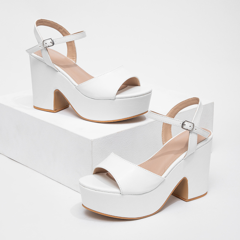 Image of Elegant White Platform Block Heel Sandals For Women, Suitable For Banquets And Commuting, Women Shoes