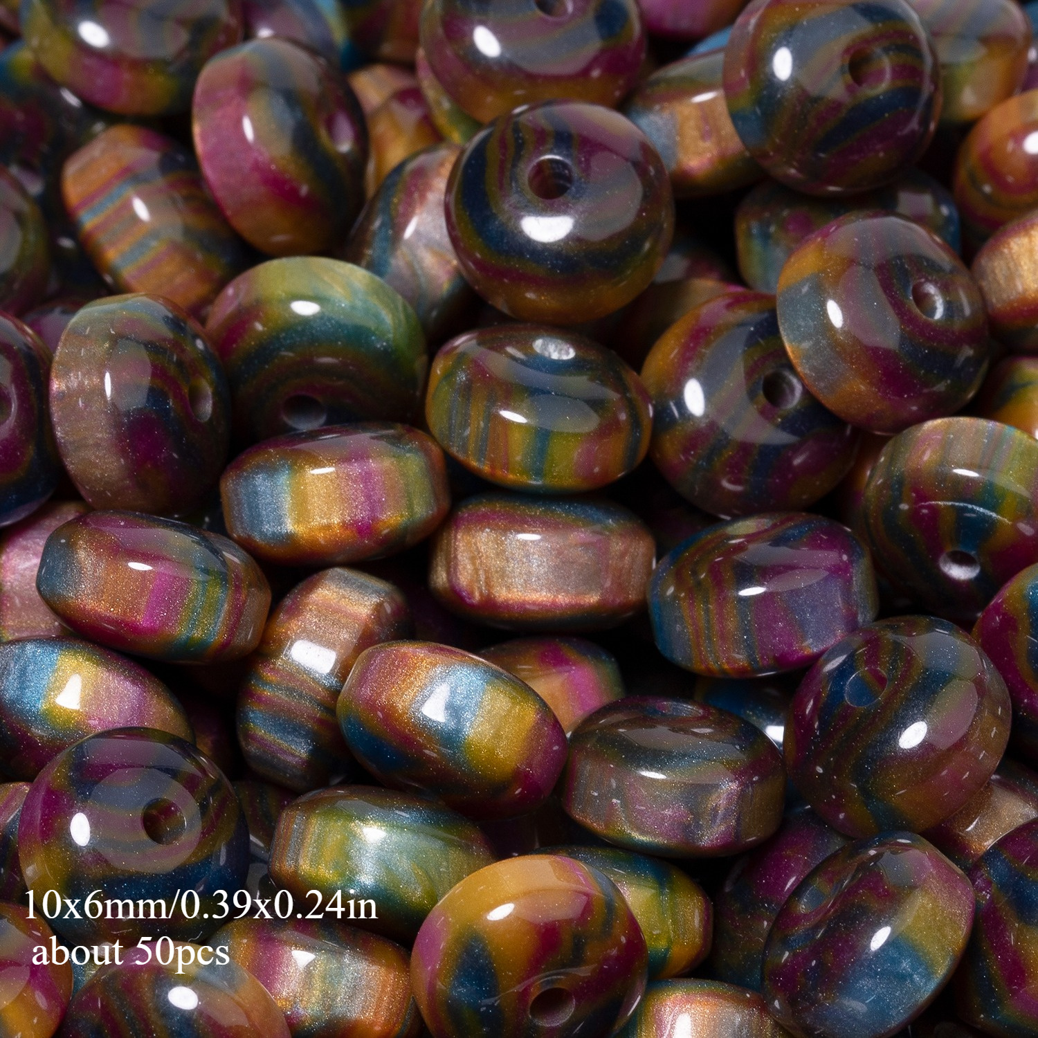 TEMU 2d Flat - Pack Of 50 Multicolored Rondelle Resin Beads, Each Measuring 10x6mm, Designed To Mimic The Appearance Of Tiger Eye With A Texture,