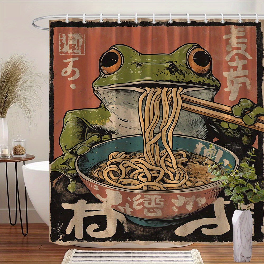 TEMU 1pc Retro Frog Noodle Shower Curtain - Vintage 1960s , Holding Chopsticks & Eating Noodles, Nostalgic Bathroom Decor Gift, 70.86x70.86in With 12