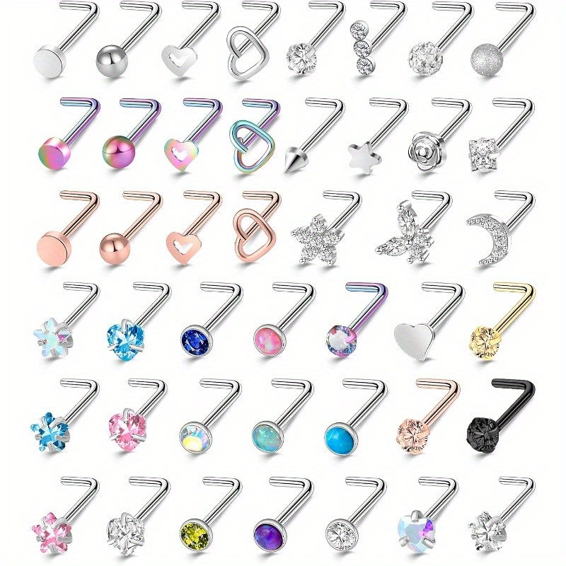 TEMU 44pcs 18g 20g Nose Rings Studs Nose Rings For Women Nose Piercings Jewelry Surgical Stainless Steel Nose Studs Moon Star Heart Hypoallergenic