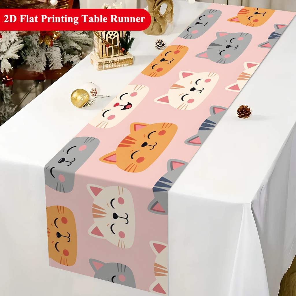 TEMU 1pc 1pcs Adorable Kitten Table Runner With Cat Face Print - Cute Kitty Suitable For Home Decor, Dining Table, Party,, Room - -care Polyester