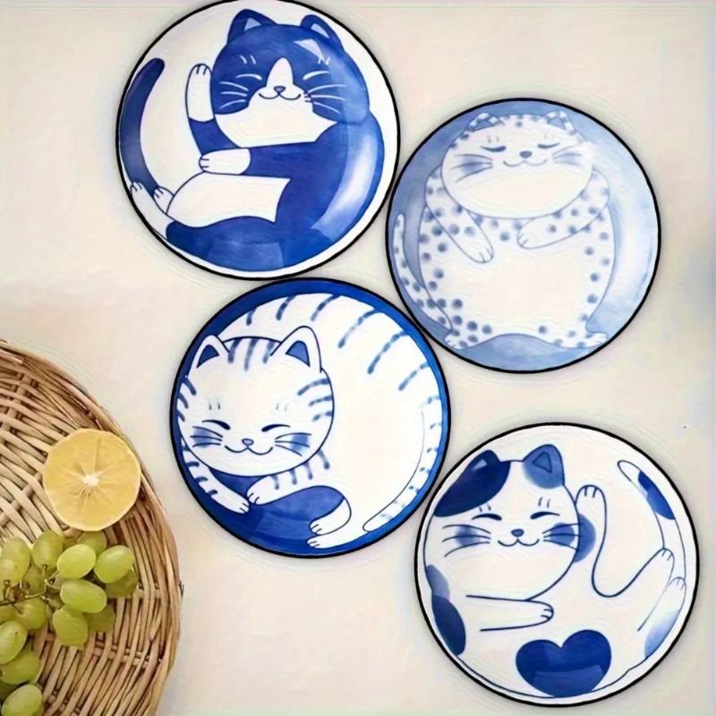 TEMU 4 Blue And White 2d Flat Porcelain-style Cat Wooden Coasters | Adorable Kitten Pattern, Heat-resistant And Easy To Clean, Suitable For Dining