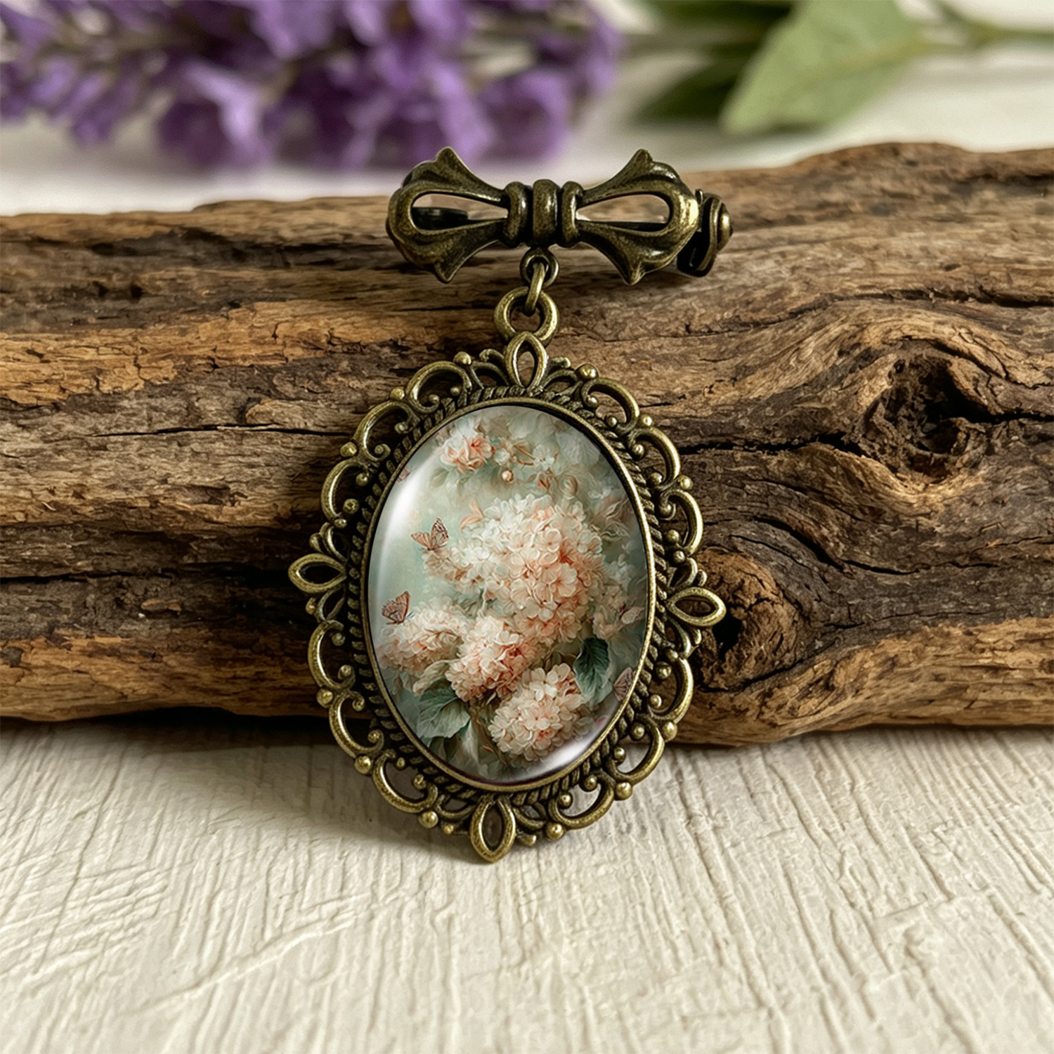 TEMU 1pc Victorian Light Pink Time Gemstone Brooch, Openwork Lace Bow Pendant Pin, Vintage Bronze Color-colored Pin
