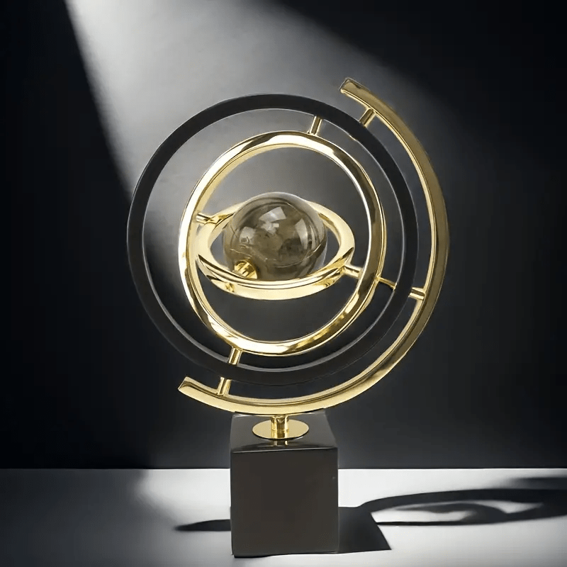 Elegant Black & Golden Metal Globe Sculpture with 360° Rotation