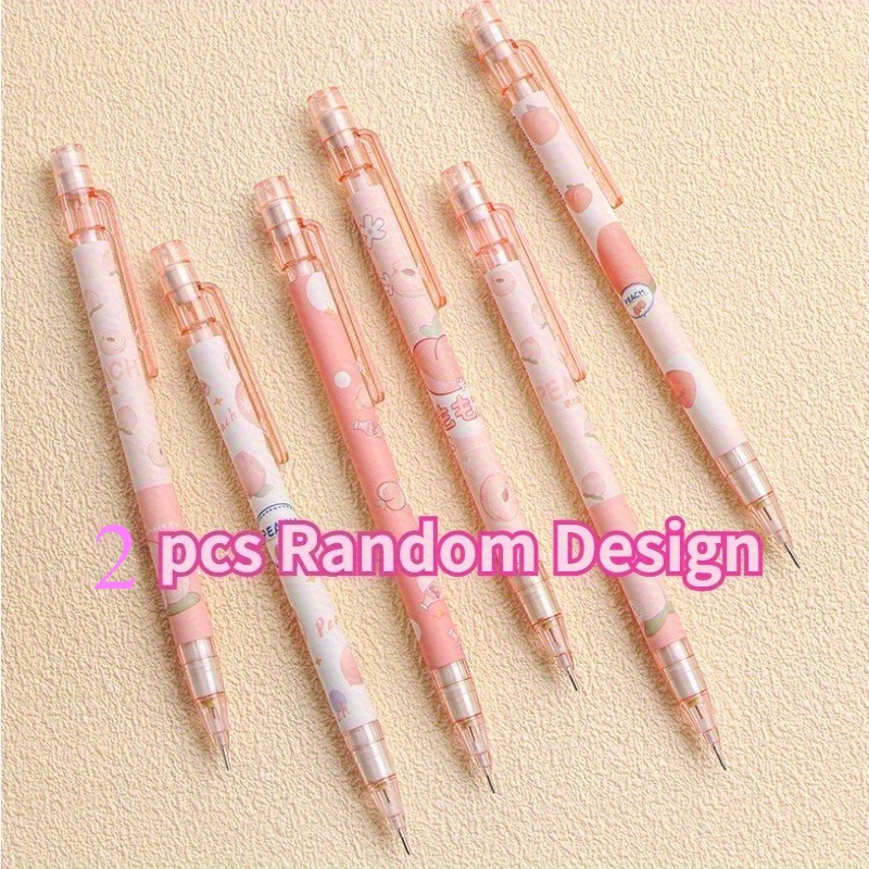 Random 2pcs Sweet Peach Mechanical Pencils, 0.5mm Hb Pencils, Retractable Plastic Pencils, With Cute Cartoon Design, Fruit Theme, Ideal Student Gift