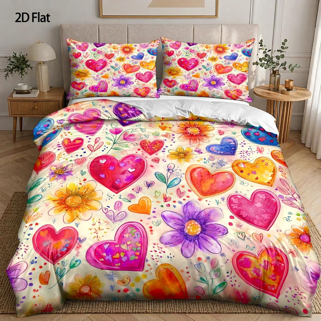 TEMU 3pcs Bedding, 1pc Duvet Cover And 2pcs Pillowcases (filling Not Included), Heart-shaped Floral Theme, Watercolor Style, Valentine's Day, ,