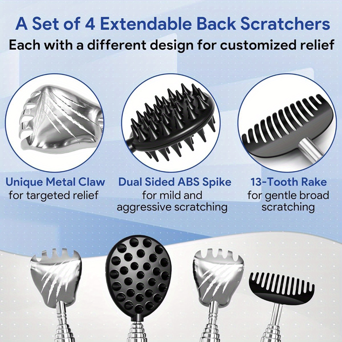 4 pack versatile back scratcher fathers day dad gifts for men portable telescoping   massager tool with different heads and rubber handle cool items   gadgets for men Product details 4