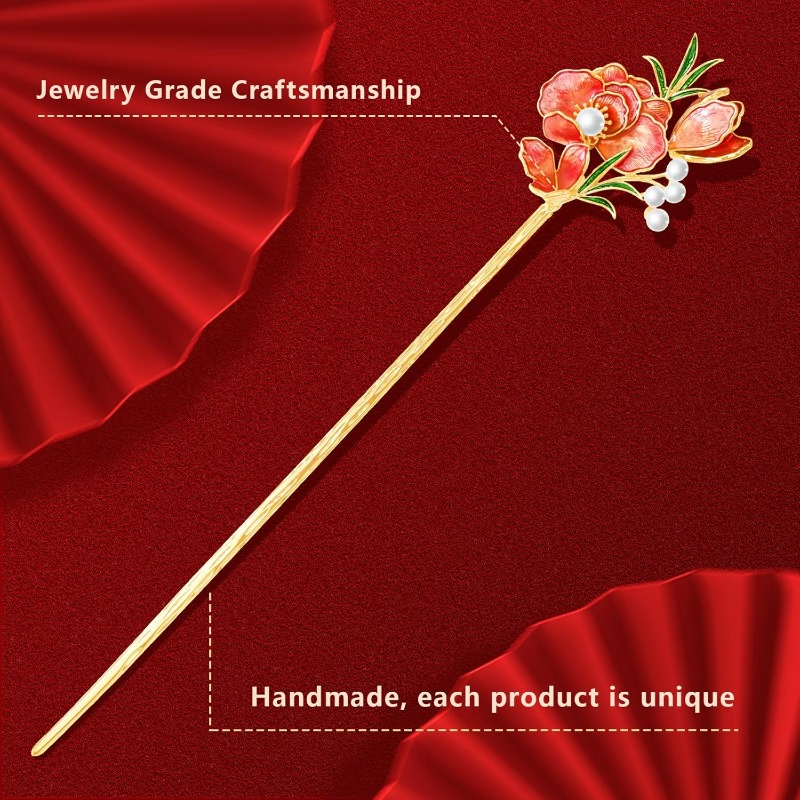 jewelry grade   floral hair stick dual purpose chinese hair clip chopsticks with red floral   everyday hairstyle elegant bridal or personal accessory gift for women Product details 3