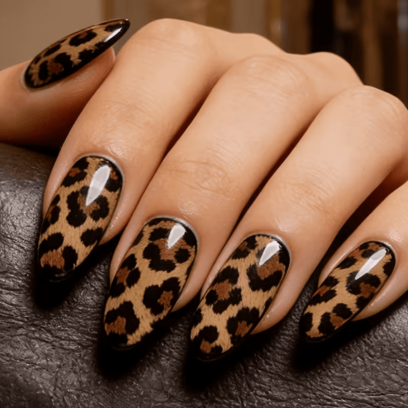 TEMU 48pcs Long Almond Press-on Nail Set - Patterns Leopard Full Print Glossy End. This Full-coverage Artificial Nail Set Is Suitable For Women, -on