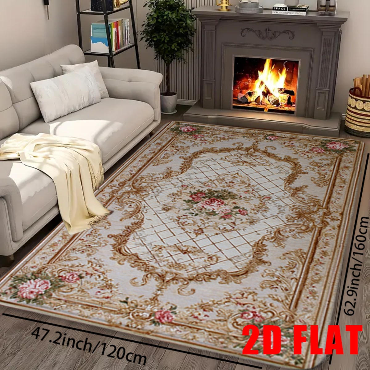 TEMU 2d Flat, 2d Flat Mat 1pc, Elegant French Rococo Style Floral Flannel Area Rug, Non-slip & Machine Washable, Ideal For Bathroom Anti-slip Mat,