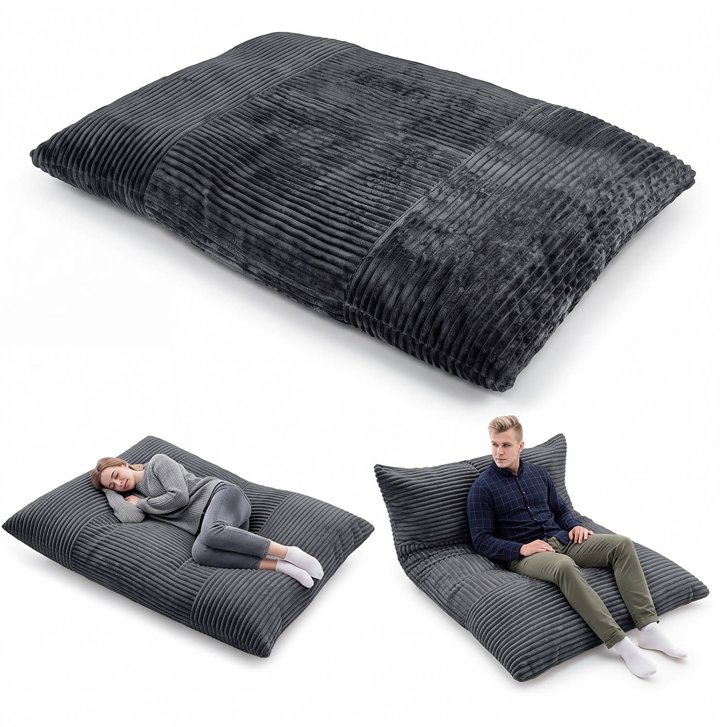 Image of Modern Convertible Bean Bag Floor Sofa Bed For Adults - Dark Gray Suitable For Small Spaces, Dorms, Apartments, No , Multi-room Use, Cushioned Bed & Sofa With Setup, Space-saving Furniture