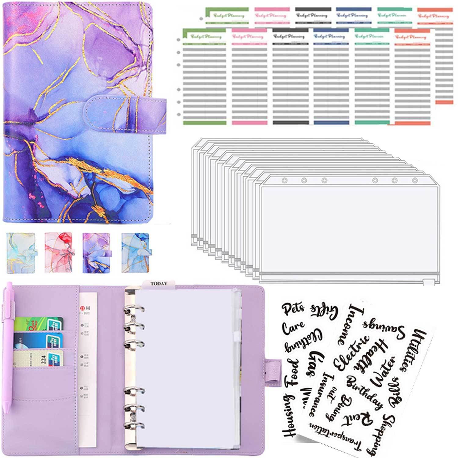 TEMU A6 Binder Envelope Savings Challenge Binder Journal Marble Notebook Faux Leather Pu 6-hole Binder Cash Binder Faux Leather A6 Cash Envelope