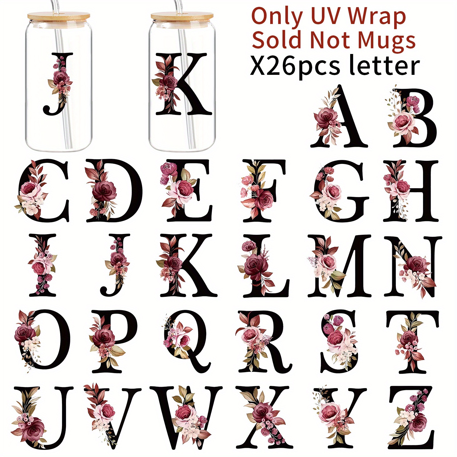 E-shop 26 Buchstaben A-Z Blumenmuster UV DTF Transfer Aufkleber, Geeignet für Büro und Zuhause, Geeignet für alle Arten von Tassen und Flaschen