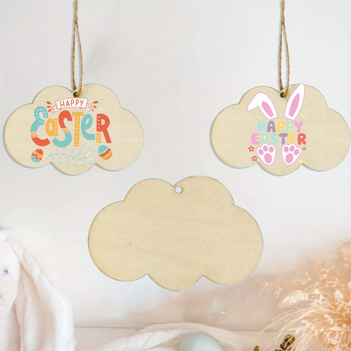 

10 pièces de nuageuses en bois rustique avec corde, plaques de en bois suspendues 3D, peinture et écriture DIY, décorations festives de Pâques, ornements d'art pour , décorations de style ferme