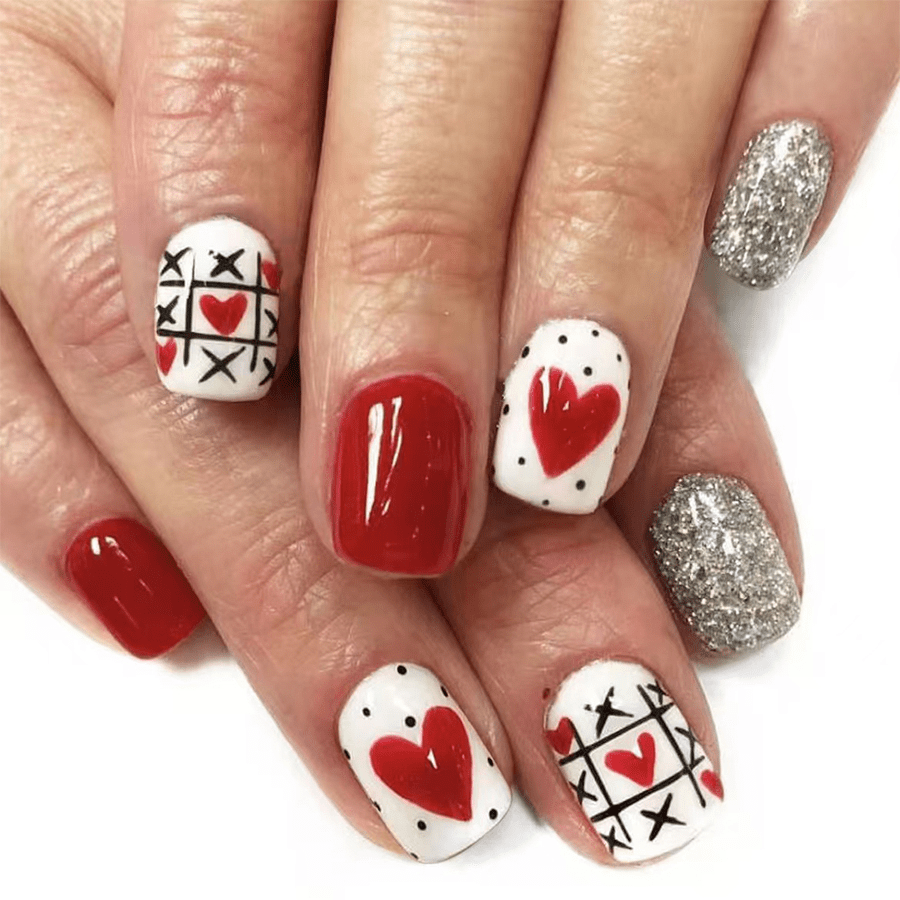 

24pcs Valentine's Day Press On Nails, Fake Nails With Heart And Checkerboard Design, Short Square Shape Sweet False Nails For Women Girls
