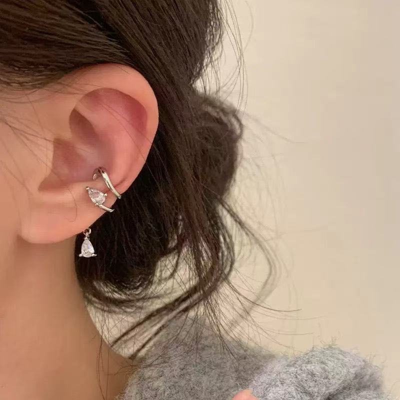TEMU 【商品名】銅合金イヤリング、水滴型ジルコニアイヤーフック、ピアス不要の女性向けニッチイヤークリップ、ダブルイヤーホープピアス