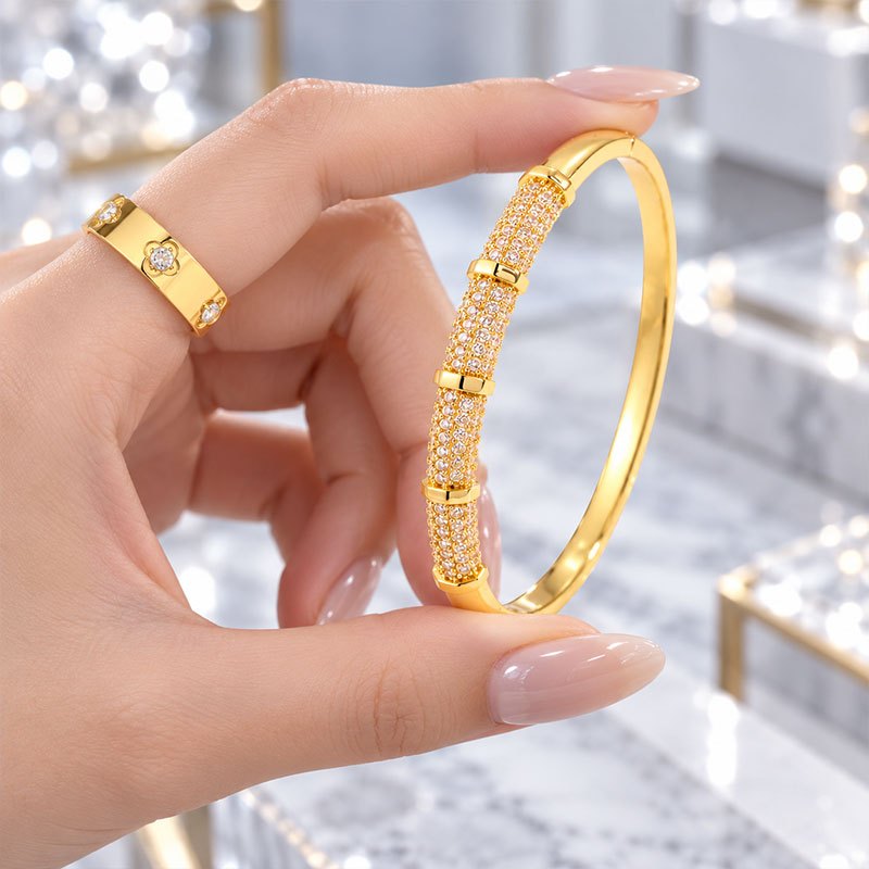 Women's 2pc Copper Bangle & Stainless Steel Ring Set with Zirconia