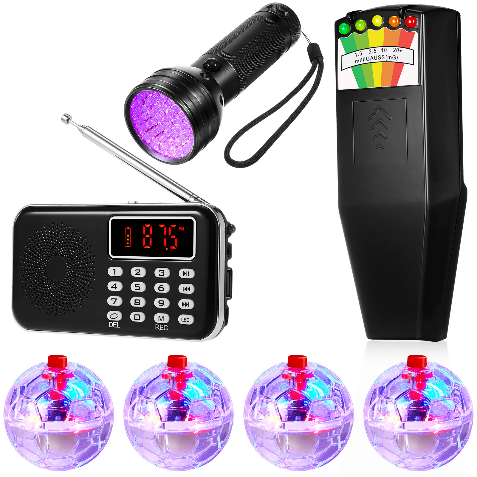 TEMU 7pcs Hunting Equipment Kit 1 Meter 1 Uv Flashlight And 4 Led Light Cat Ball For Investigations Home Office Gifts