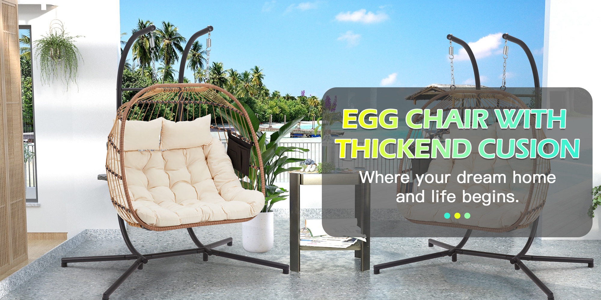 2 Person Hanging Egg Chair with Stand, Outdoor Wicker Swing Chair with Cushion, Heavy Duty Loveseat Chair for Patio Balcony Bedroom